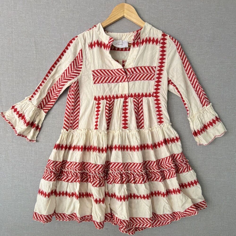 Kasia Girls XS White/Red Geometric A-Line Knee Dress V-Neck Ruffle